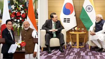 Japan’s Prime Minister Fumio Kishida, left and Prime Minister Narendra Modi, shake hands after making press statements following their meeting in New Delhi, on 20 March, 2023. AP; Prime Minister Narendra Modi with South Korean President Yoon Suk Yeol during a meeting, in Hiroshima, on 20 May, 2023. PTI