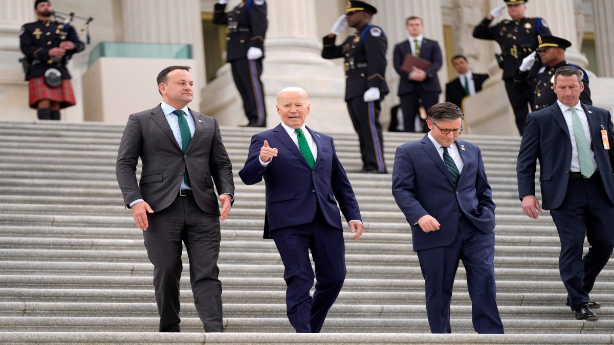 Ireland's Prime Minister Leo Varadkar, from left, President Joe Biden and House Speaker Mike Johnson, R-La., depart after attending a Friends of Ireland luncheon on Capitol Hill, in Washington. AP Ireland's Prime Minister Leo Varadkar, from left, President Joe Biden and House Speaker Mike Johnson, R-La., depart after attending a Friends of Ireland luncheon on Capitol Hill, in Washington. AP