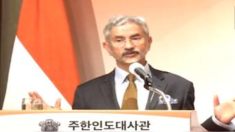 External Affairs Minister S Jaishankar addresses the Indian community in Seoul on Tuesday. ANI
