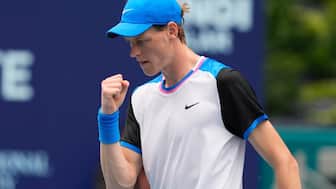 Jannik Sinner reacts after winning a point against Tallon Griekspoor at the Miami Open tennis tournament. AP
