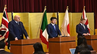 Britain's Defense Minister Grant Shapps, right, Italy's Defense Minister Guido Crosetto, left, and Japanese Defense Minister Minoru Kihara, center, attend a joint press conference after a signing ceremony for Global Combat Air Programme (GCAP) at the defense ministry in Tokyo, Japan. AP File