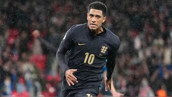 Jude Bellingham celebrates after scoring for England, to earn the side a draw against Belgium. AP