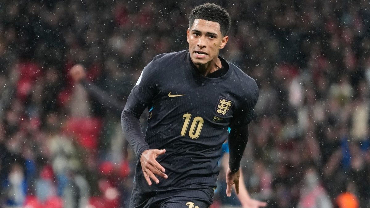 Jude Bellingham celebrates after scoring for England, to earn the side a draw against Belgium. AP Jude Bellingham celebrates after scoring for England, to earn the side a draw against Belgium. AP