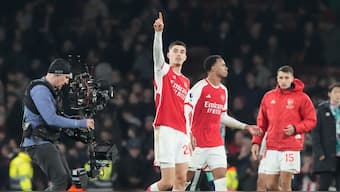 Kai Havertz celebrates following Arsenal's 2-1 victory over Brentford at the Emirates Stadium, London. AP