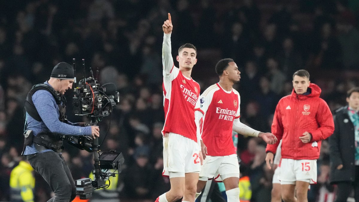 Kai Havertz celebrates following Arsenal's 2-1 victory over Brentford at the Emirates Stadium, London. AP Kai Havertz celebrates following Arsenal's 2-1 victory over Brentford at the Emirates Stadium, London. AP
