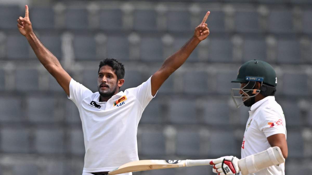 Sri Lanka pacer Kasun Rajitha celebrates after dismissing Bangladesh batter Khaled Ahmed on Day 4 of the first Test in Sylhet. AFP Sri Lanka pacer Kasun Rajitha celebrates after dismissing Bangladesh batter Khaled Ahmed on Day 4 of the first Test in Sylhet. AFP