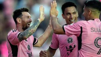 Lionel Messi, left, celebrates with Inter Miami midfielder Diego Gomez, center, and Luis Suarez (9) after scoring against Orlando City. AP