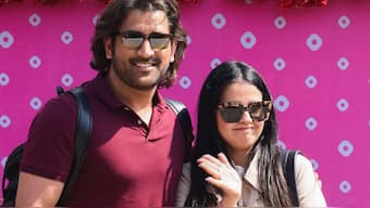 MS Dhoni with wife Sakshi Dhoni ahead of Anant Ambani and Radhika Merchant’s wedding in Jamnagar. PTI