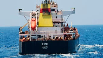 This photograph shared by Indian navy on the X platform shows the hijacked ship ex-MV Ruen, Saturday, on 16 March, 2024. AP