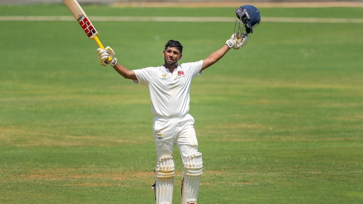 Mumbai: Mumbai's Musheer Khan celebrates his century during the third day of the Ranji Trophy final against Vidarbha in Mumbai on Tuesday. PTI Mumbai: Mumbai's Musheer Khan celebrates his century during the third day of the Ranji Trophy final against Vidarbha in Mumbai on Tuesday. PTI