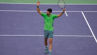 24-time Grand Slam champion Novak Djokovic celebrates after defeating Aleksandar Vukic in their ATP Indian Wells Open meeting in Indian Wells, California. AP 