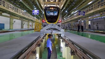 A prototype of six coach train of Namma Metro’s Yellow Line, manufactured by China Railway Rolling Stock Corporation (CRRC), at Hebbagodi Metro depot near Electronic City, in Bengaluru. PTI