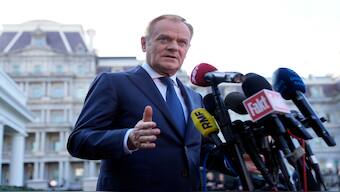 Polish Prime Minister Donald Tusk talks with reporters outside the West Wing of the White House after meeting with President Joe Biden on 12 March, 2024, in Washington. AP File