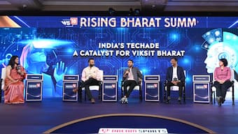 Ritesh Agarwal, founder of Oyo Rooms, Harsh Jain, co-founder of Dream 11, Virendra Gupta, founder of Daily Hunt and Upasana Taku, CEO of Mobikwik, speaking at News18 Rising Bharat Summit 2024. Image Credit: Network18