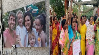 A picture of the Siman Tov family, victims of the deadly October 7 attack on Israel by the Palestinian Islamist group Hamas from Gaza (L) (REUTERS). File photo of women protesting land grab, sexual assault in Sandeshkhali (R) (ANI)