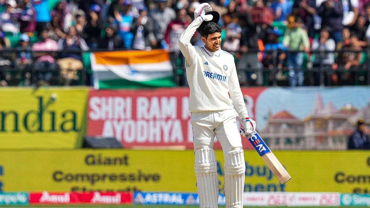 Shubman Gill celebrates his century during the second day of the fifth Test between India and England, in Dharamsala. PTI Shubman Gill celebrates his century during the second day of the fifth Test between India and England, in Dharamsala. PTI