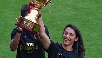 Royal Challengers Bangalore captain Smriti Mandhana during the RCB Unbox event where the WPL champions got a guard of honour. PTI