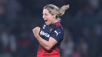 Royal Challengers Bangalore left-arm spinner Sophie Molineux celebrates after dismissing Delhi Capitals batter Jemimah Rodrigues during the final of the 2024 Women's Premier League. Sportzpics

Photo by Arjun Singh / Sportzpics for WPL