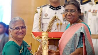 Sudha Murty and President of India Droupadi Murmu. FILE/ANI