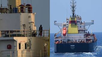 Images shared by Indian Navy show the MVRuen vessel hijacked by Somali pirates in December last year and was reportedly being used for hijack more ships.  Source: X