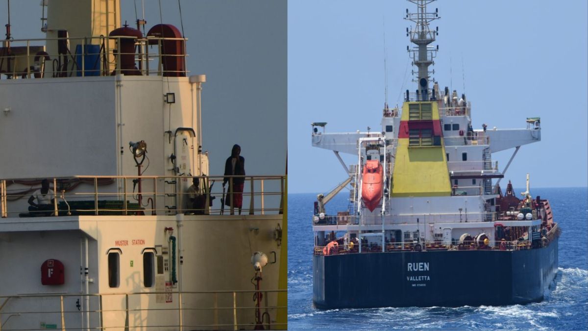 Images shared by Indian Navy show the MVRuen vessel hijacked by Somali pirates in December last year and was reportedly being used for hijack more ships.  Source: X Images shared by Indian Navy show the MVRuen vessel hijacked by Somali pirates in December last year and was reportedly being used for hijack more ships.  Source: X