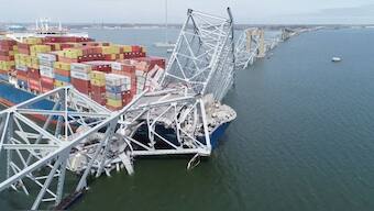 A drone view of the Dali cargo vessel, which crashed into the Francis Scott Key Bridge causing it to collapse, in Baltimore. Reuters