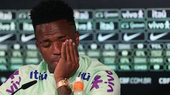 Brazil forward Vinicius Junior cries while talking about the racist abuse he's suffered in Spain. AFP