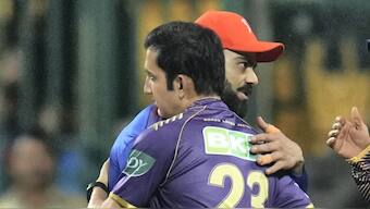 Virat Kohli and Gautam Gambhir shared a hug at the M Chinnaswamy Stadium following Kolkata Knight Riders' seven-wicket victory over Royal Challengers Bengaluru. PTI