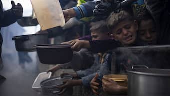 Palestinians line up for a free meal in Rafah, Gaza Strip, on 16 February. A UN-backed report has warned of a famine in northern Gaza. AP