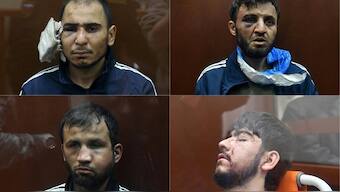 Suspects from concert hall shooting sitting inside the defendant cage as they wait for the pre-trial detention hearing at the Basmanny District Court in Moscow overnight March 24 and 25, 2024. Source: AFP