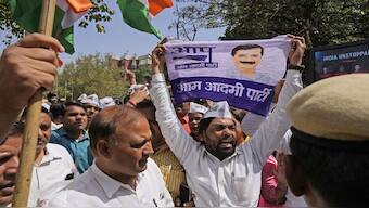 Members of Aam Admi Party shout slogans during a protest against the arrest of their party leader Arvind Kejriwal in New Delhi. The US has commented on his arrest, and has called for “fair, transparent, and timely legal process”. AP