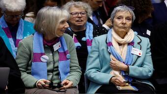 Rosmarie Wydler-Walti and Anne Mahrer, of the Swiss elderly women group Senior Women for Climate Protection, attend the hearing of the court for the ruling in the climate case Verein KlimaSeniorinnen Schweiz and Others v Switzerland, at the European Court of Human Rights (ECHR) in Strasbourg, France. Reuters 