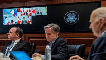 US President Joe Biden and US Secretary of State Antony Blinken attend a video meeting with G7 leaders to discuss the Iranian attack on Israel at the White House in Washington, US, on April 14, 2024. Image:  REUTERS