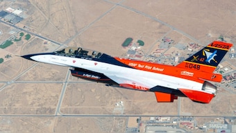 An X-62A VISTA aircraft. For the test, an F-16 fighter jet was loaded up with AI algorithms, especially designed for dog fights. Image Credit: US Air Force