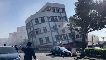 In this image taken from a video footage run by TVBS, a partially collapsed building is seen in Hualien, eastern Taiwan on Wednesday, 3 April 2024. AP