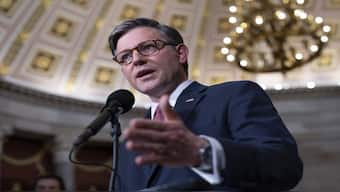 US House speaker Mike Johnson speaks with reporters to discuss his proposal of sending crucial bipartisan support to aid Ukraine, Israel and Taiwan after weeks of inaction, at the Capitol in Washington. AP