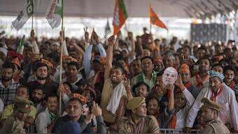 Supporters of the Bharatiya Janata Party (BJP) react as they listen to Prime Minister Narendra Modi at an election rally in Meerut on 31 March 2024. File image/AP
