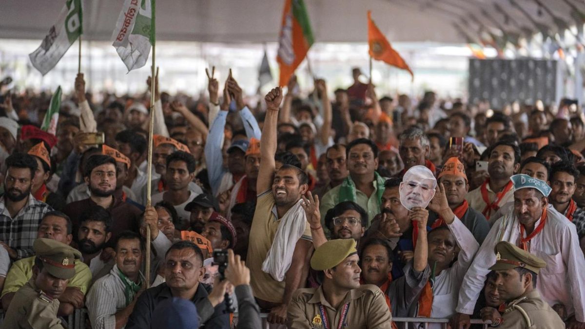Supporters of the Bharatiya Janata Party (BJP) react as they listen to Prime Minister Narendra Modi at an election rally in Meerut on 31 March 2024. File image/AP Supporters of the Bharatiya Janata Party (BJP) react as they listen to Prime Minister Narendra Modi at an election rally in Meerut on 31 March 2024. File image/AP