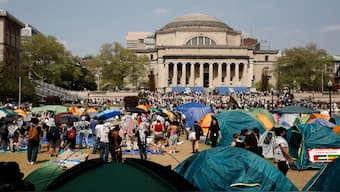 Student protesters gather in protest inside their encampment on the Columbia University campus, in New York. AP