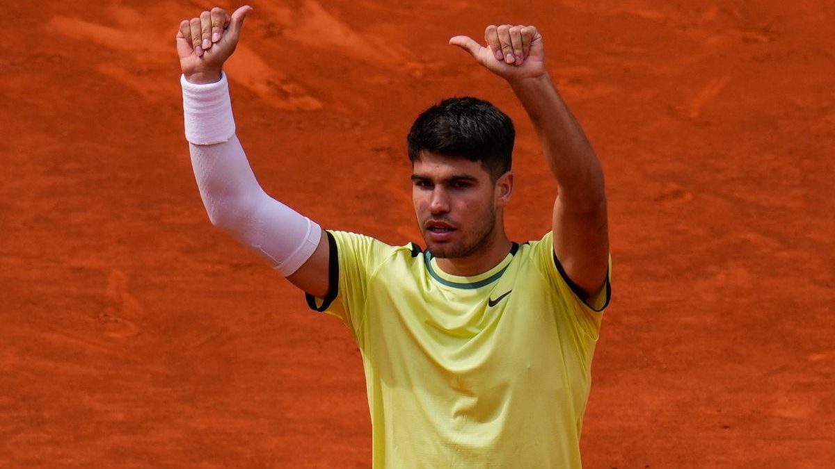 Carlos Alcaraz, of Spain, celebrates after winning a tennis match against Alexander Shevchenko, of Kazakhstan, at the Mutua Madrid Open. AP Carlos Alcaraz, of Spain, celebrates after winning a tennis match against Alexander Shevchenko, of Kazakhstan, at the Mutua Madrid Open. AP