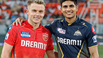 PBKS stand-in skipper Sam Curran and GT captain Shubman Gill at the toss ahead of the teams' IPL 2024 game in Mullanpur on Sunday. Image: X / @PunjabKingsIPL 
