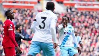 Crystal Palace's Eberechi Eze celebrates after scoring against Liverpool at the Anfield on Sunday, 14 April. AP