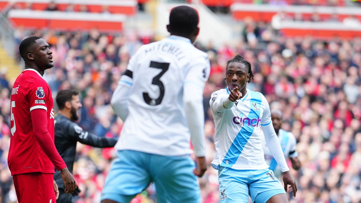 Crystal Palace's Eberechi Eze celebrates after scoring against Liverpool at the Anfield on Sunday, 14 April. AP Crystal Palace's Eberechi Eze celebrates after scoring against Liverpool at the Anfield on Sunday, 14 April. AP