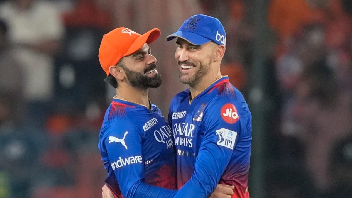 Royal Challengers Bengaluru's Virat Kohli, left, and Faf du Plessis celebrate their win against Sunrisers Hyderabad in IPL 2024. AP Royal Challengers Bengaluru's Virat Kohli, left, and Faf du Plessis celebrate their win against Sunrisers Hyderabad in IPL 2024. AP