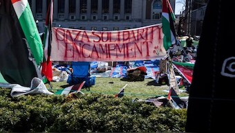 A sign that reads, Gaza Solidarity Encampment, is seen during the pro-Palestinian protest at the Columbia University campus in New York. Image: AP Photo
