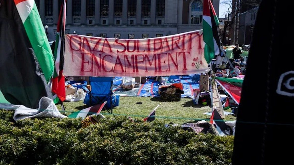 A sign that reads, Gaza Solidarity Encampment, is seen during the pro-Palestinian protest at the Columbia University campus in New York. Image: AP Photo A sign that reads, Gaza Solidarity Encampment, is seen during the pro-Palestinian protest at the Columbia University campus in New York. Image: AP Photo
