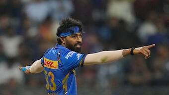 Mumbai Indians captain Hardik Pandya sets the field during a match against Rajasthan Royals in the IPL. AP