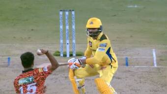 Screengrab of video posted by @IPL on X showing Bhuvneshwar Kumar attempting to throw the ball at the striker's end to run Ravindra Jadeja out during the Sunrisers Hyderabad vs Chennai Super Kings match in Hyderabad