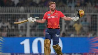 Punjab Kings Jonny Bairstow celebrates after scoring his century against Kolkata Knight Riders. AP