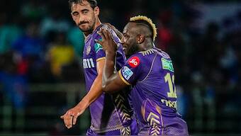 Mitchell Starc (front) took two wickets for Kolkata Knight Riders against Delhi Capitals in IPL 2024. PTI